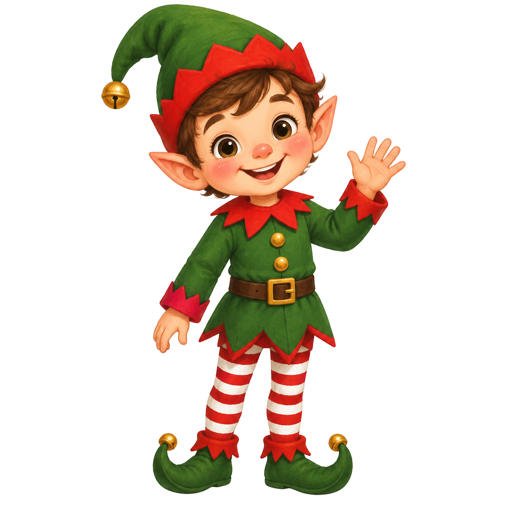A cute Christmas elf waving a warm welcome