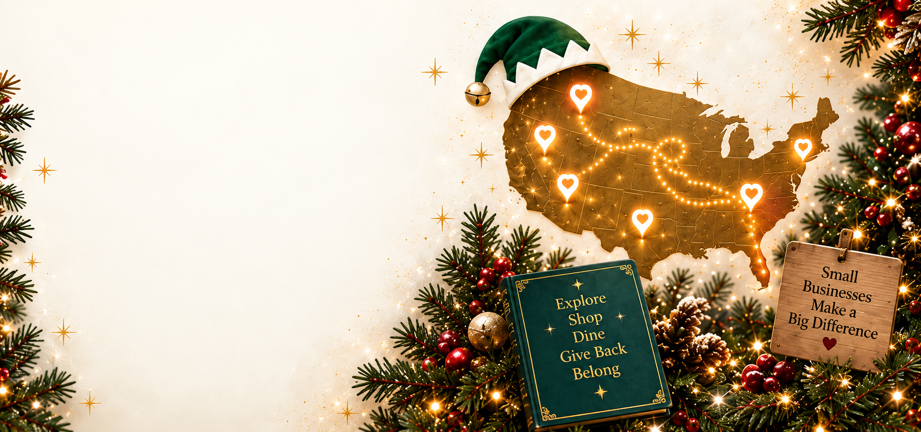 A glowing gold Holiday Map in a green elf hat with a campaign book and small-business sign